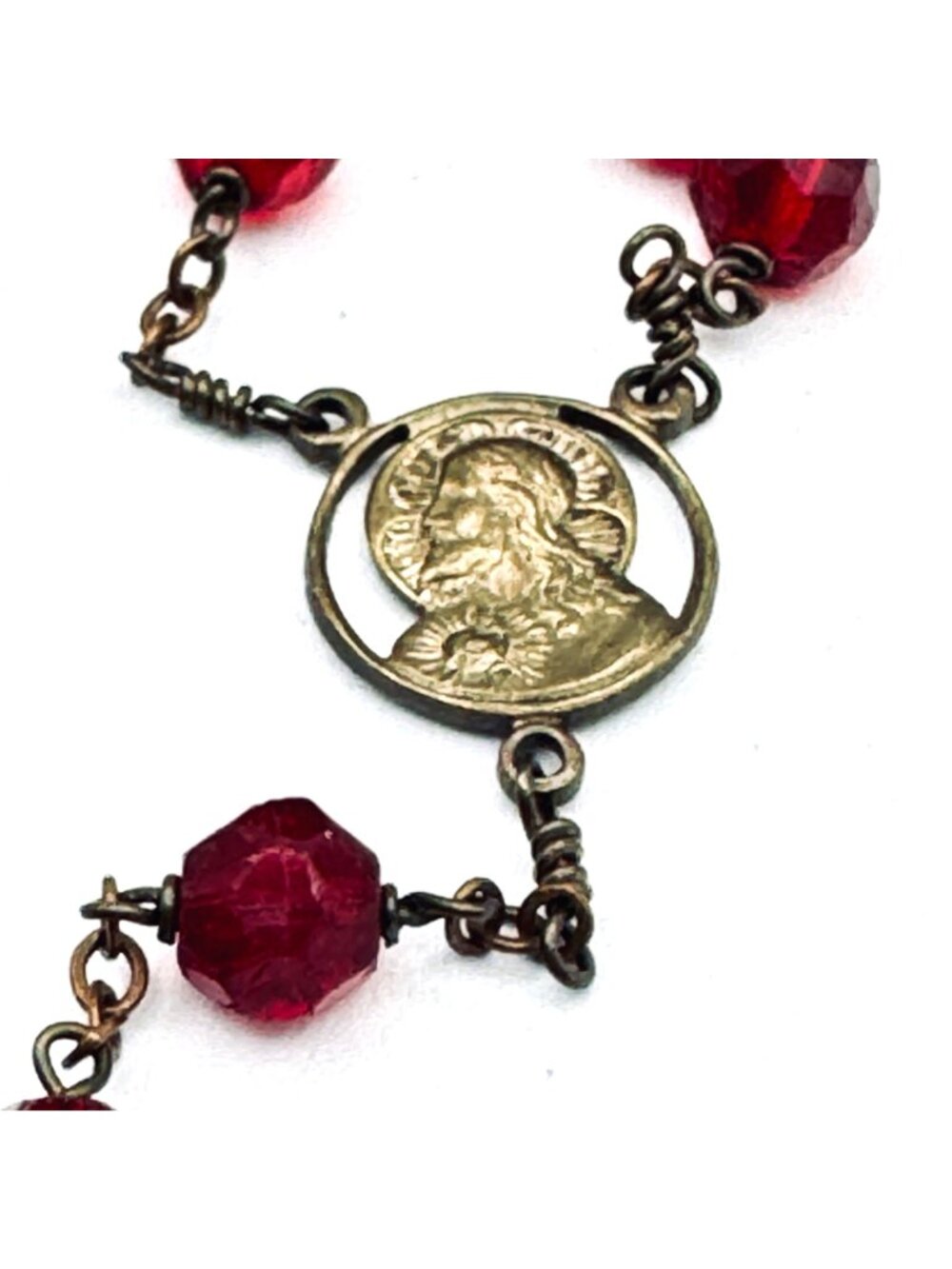 VTG Ruby Red Glass Bead Rosary Faceted Hand-linked 5 Decades Madonna & Child 20" - Picture 5 of 9